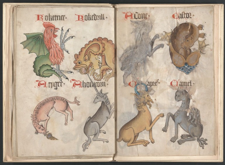 Two-page spread featuring colorful illustrations of eight different fantastical creatures, each labeled with ornate gothic script Two-page spread featuring colorful illustrations of eight different fantastical creatures, each labeled with ornate gothic script