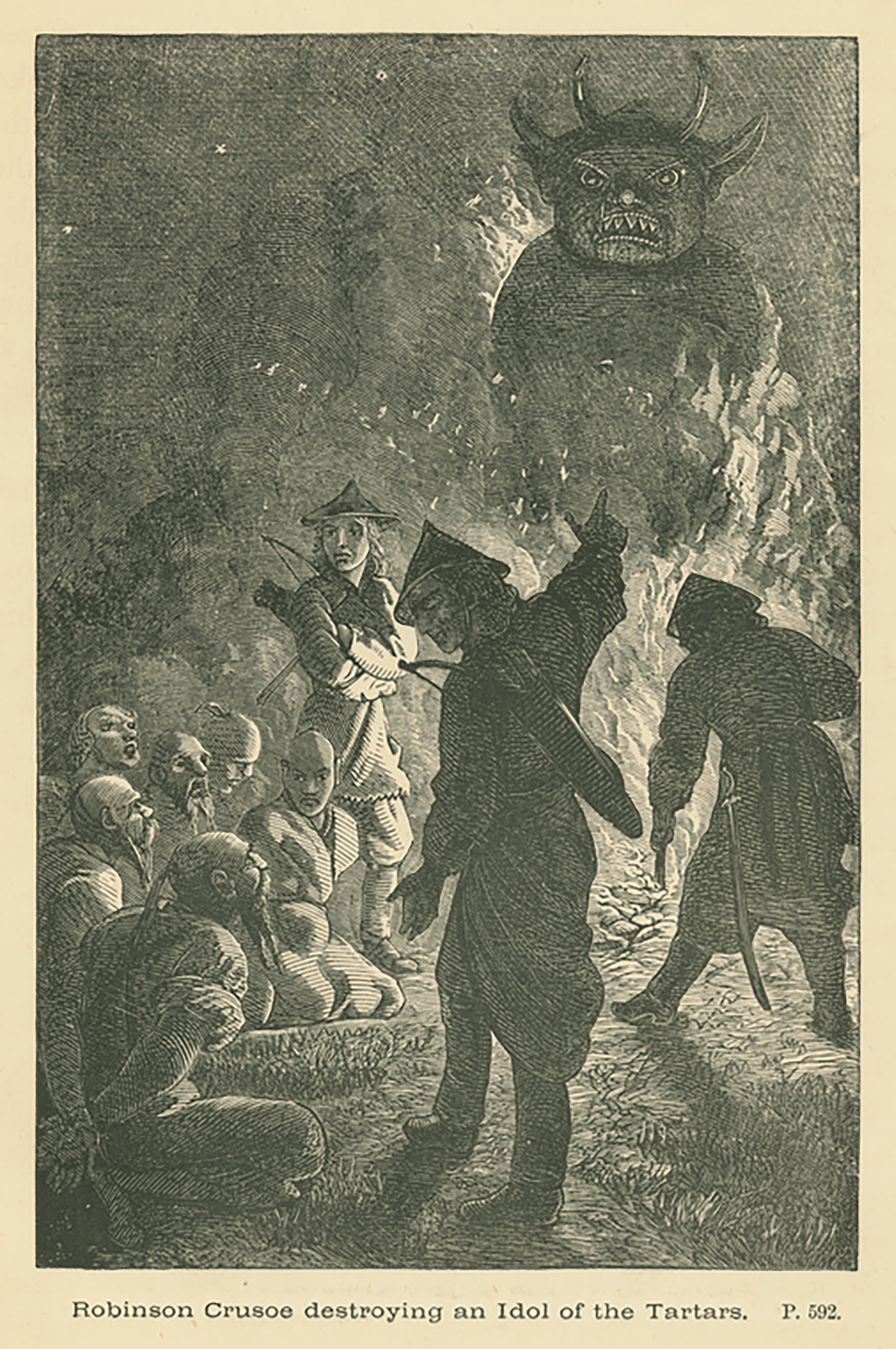 Three men with bows and quivers stand around men kneeling with expressions of horror as they watch a large horned figure burn Three men with bows and quivers stand around men kneeling with expressions of horror as they watch a large horned figure burn