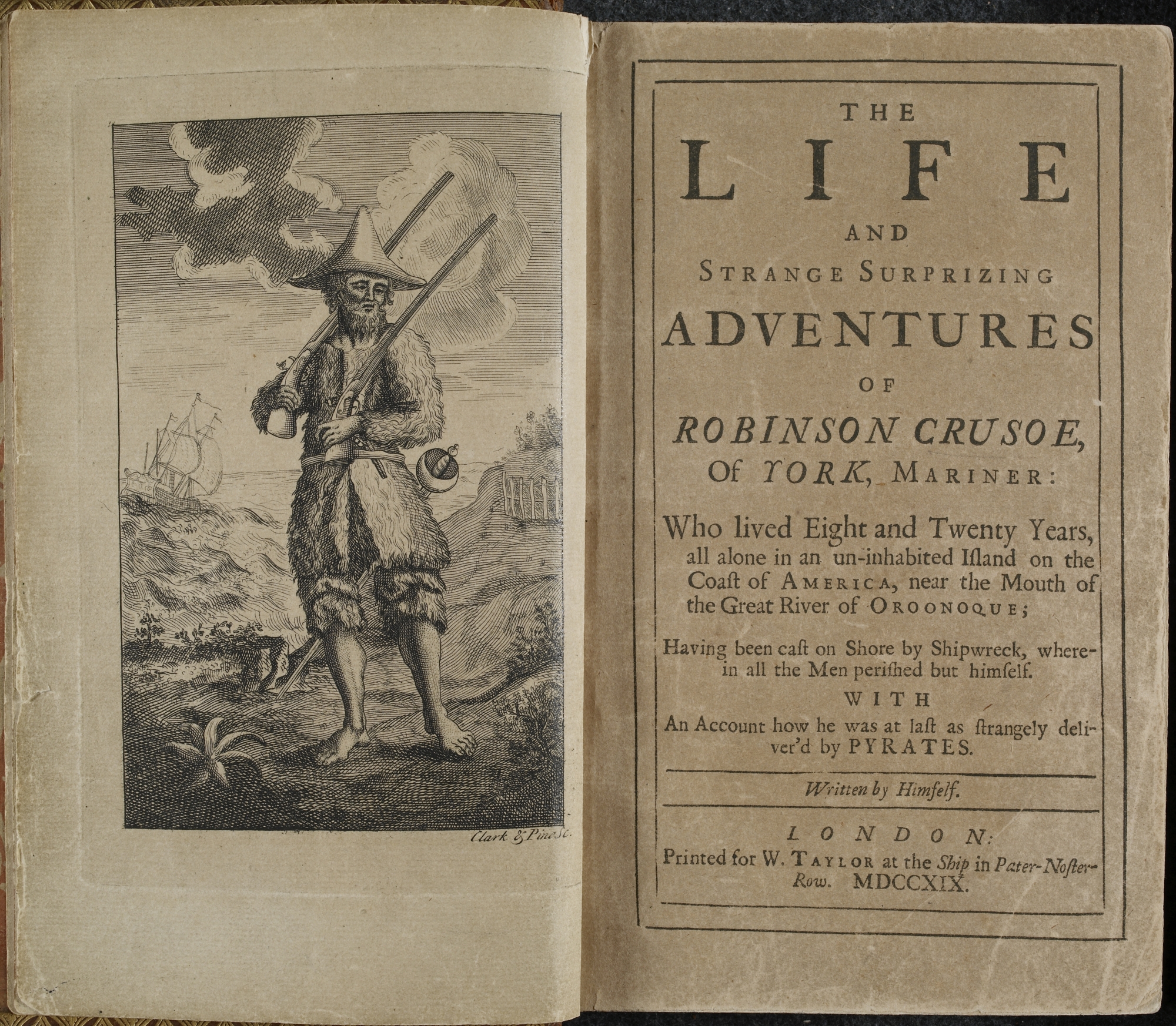 Engraving of Robinson Crusoe holding two muskets and a sword. Engraving of Robinson Crusoe holding two muskets and a sword.