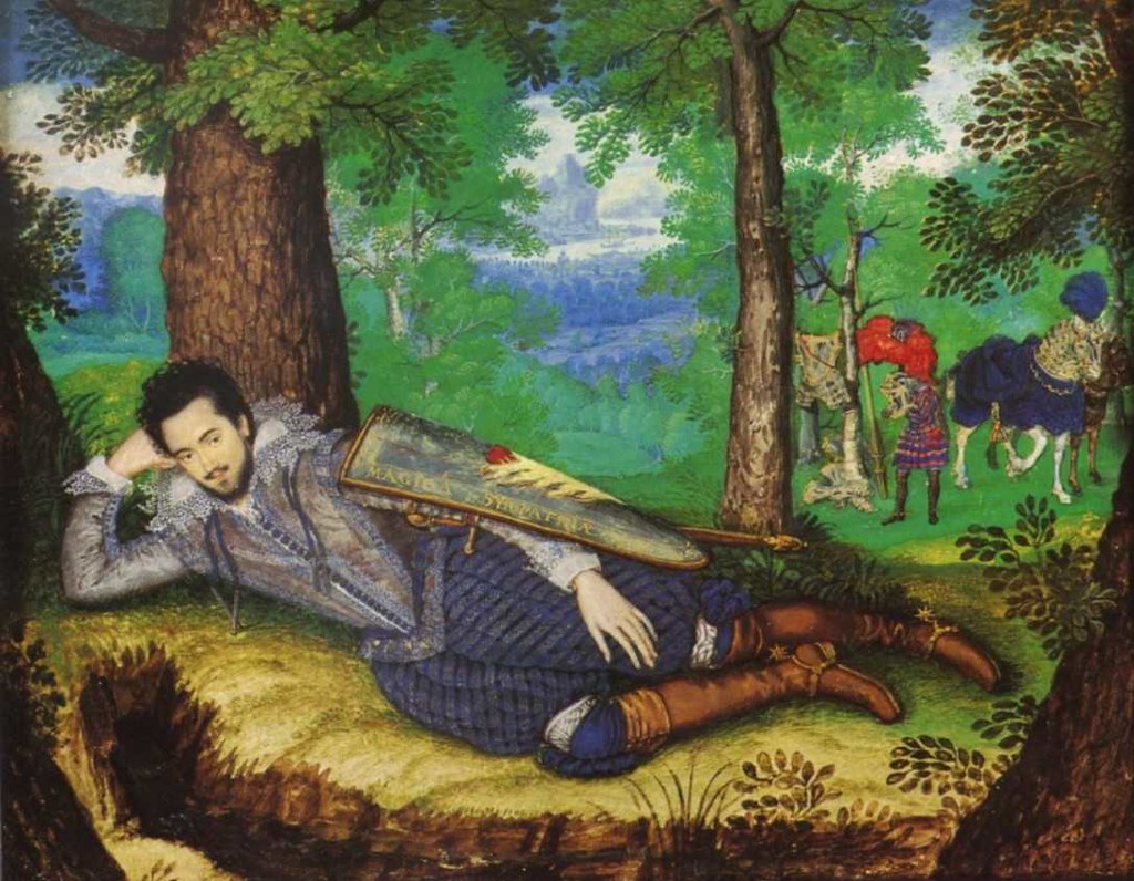 A man lying on his side in a forest.In the background, another man plays a lyre around armored horses. A man lying on his side in a forest.In the background, another man plays a lyre around armored horses.