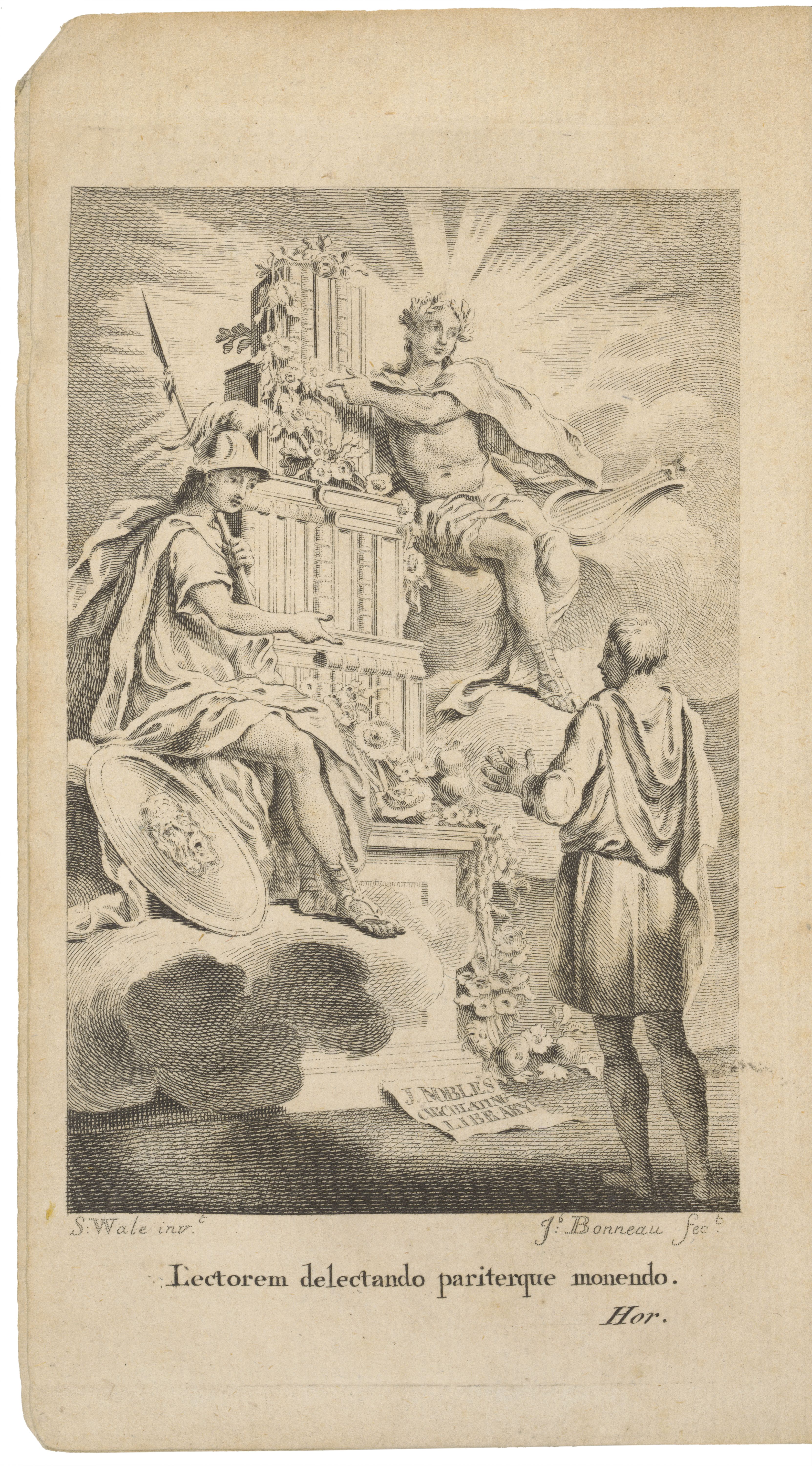 Athena (identified by her shield) and Apollo (identified by his lyre) sit on clouds surrounding a monument of books adorned with flowers labeled 'J. Noble's Circulating Library'. The caption reads 'L'ectorem delectando panterque monendo. - Hor.' Athena (identified by her shield) and Apollo (identified by his lyre) sit on clouds surrounding a monument of books adorned with flowers labeled 'J. Noble's Circulating Library'. The caption reads 'L'ectorem delectando panterque monendo. - Hor.'