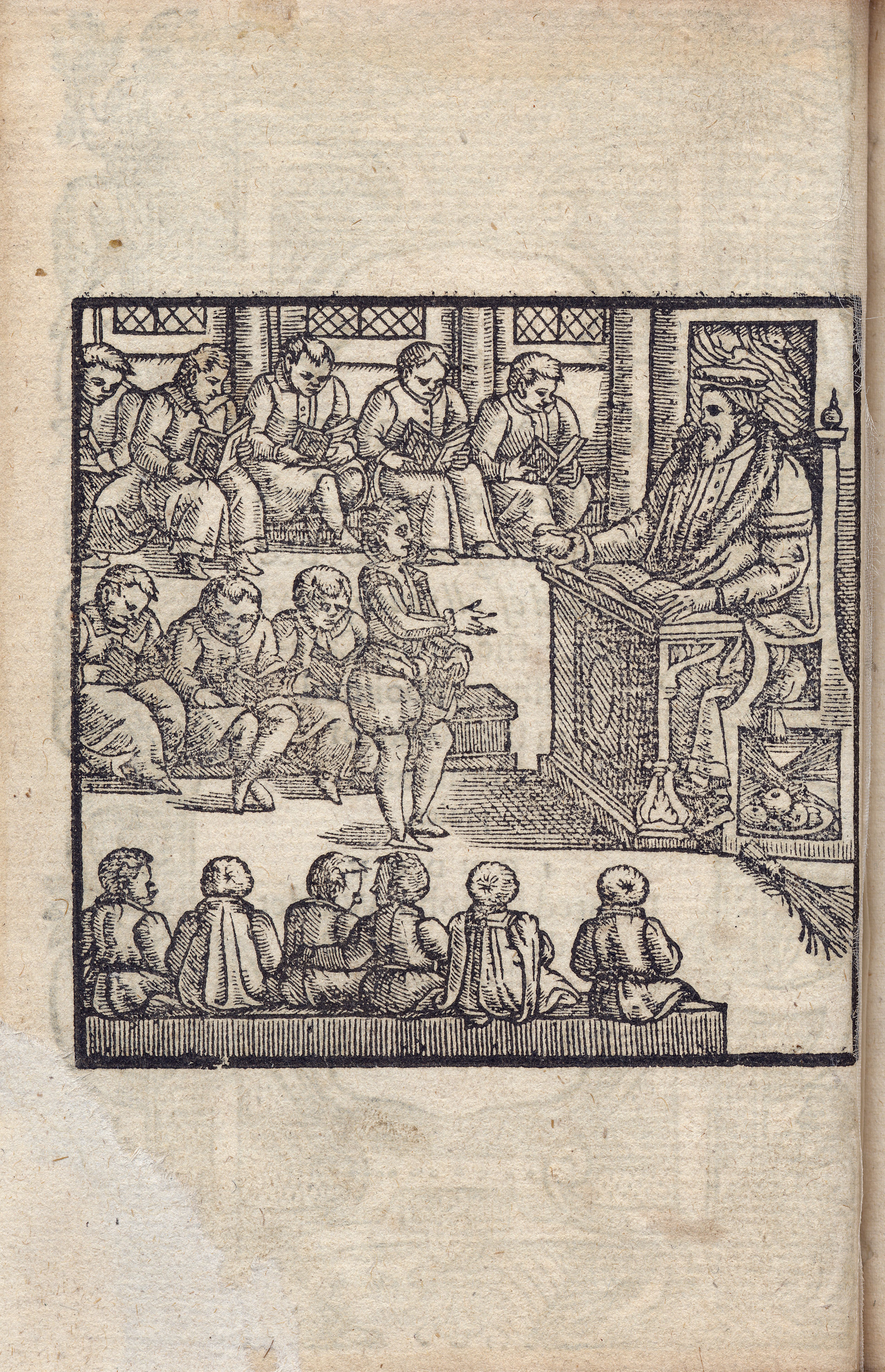 A teacher at a raised desk offers a gift to a standing student, with other students sitting on benches reading and listening A teacher at a raised desk offers a gift to a standing student, with other students sitting on benches reading and listening