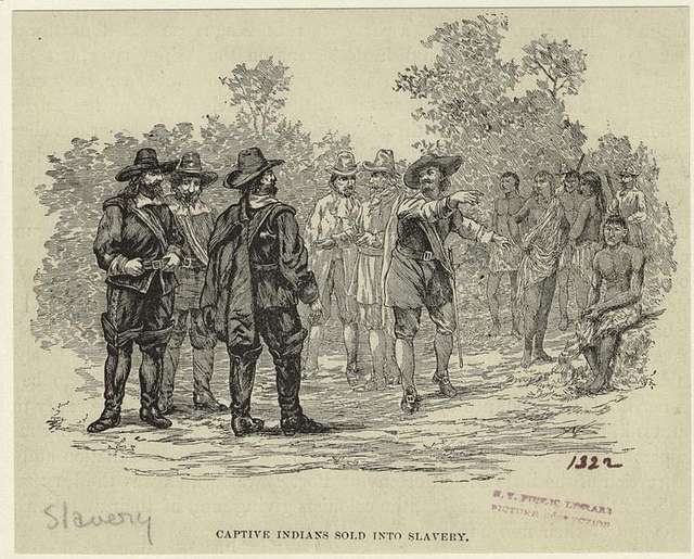 White colonizers wearing large hats, vests, and trousers surround by enslaved Indigenous people depicted wearing loincloths White colonizers wearing large hats, vests, and trousers surround by enslaved Indigenous people depicted wearing loincloths