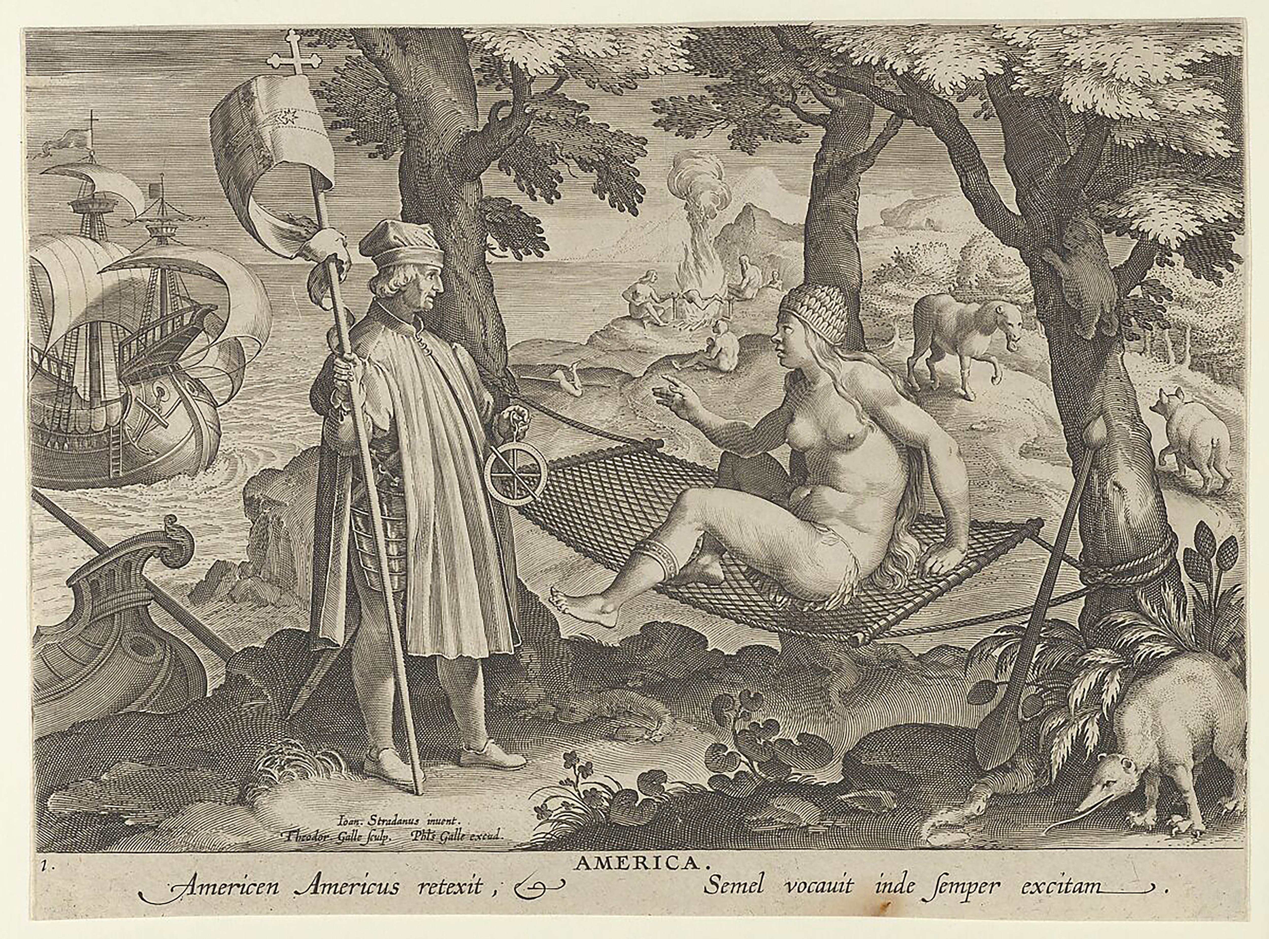 A European explorer holding an astrolabe, a staff, and a flag encounters a shocked woman in a hammock wearing only a feathered cap and skirt. A European explorer holding an astrolabe, a staff, and a flag encounters a shocked woman in a hammock wearing only a feathered cap and skirt.