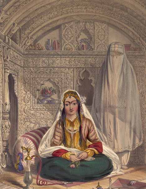 1848 lithograph by James Rattray showing an                Afgan women under purdah