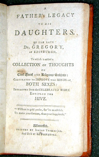Photograph of the title page of Gregory's conduct book A Father's Legacy to His Daughters (1795)